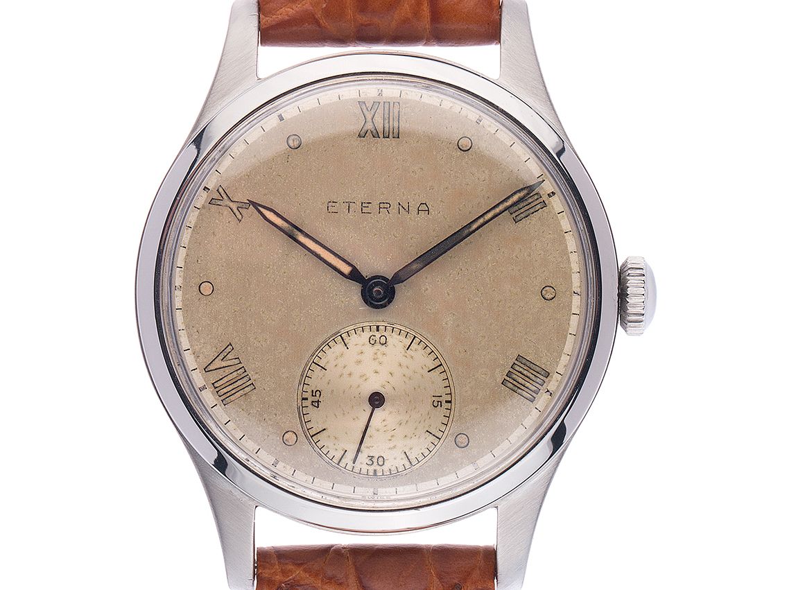Eterna Armbanduhr Stahl Handaufzug Armband Leder 36mm Vintage Bj.1940 mit Zertifikat über 2.800,-€