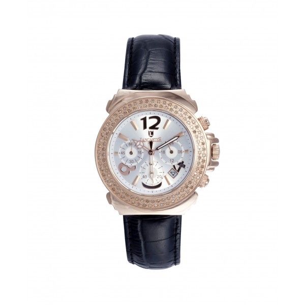 Lancaster Pillo Chrono Rosè Leather Stahl vergoldet Diamond 0,86ct Quarz 38mm UVP 1.200,- Neu