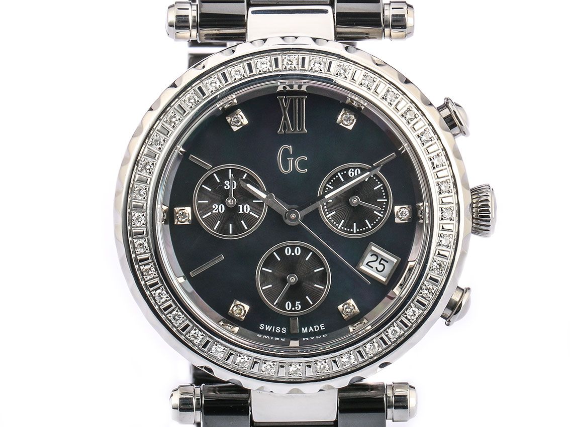 Guess Black Stahl Keramik Chronograph Quarz Diamond Perlmutt 38mm UVP 1.899,- Box&Pap.