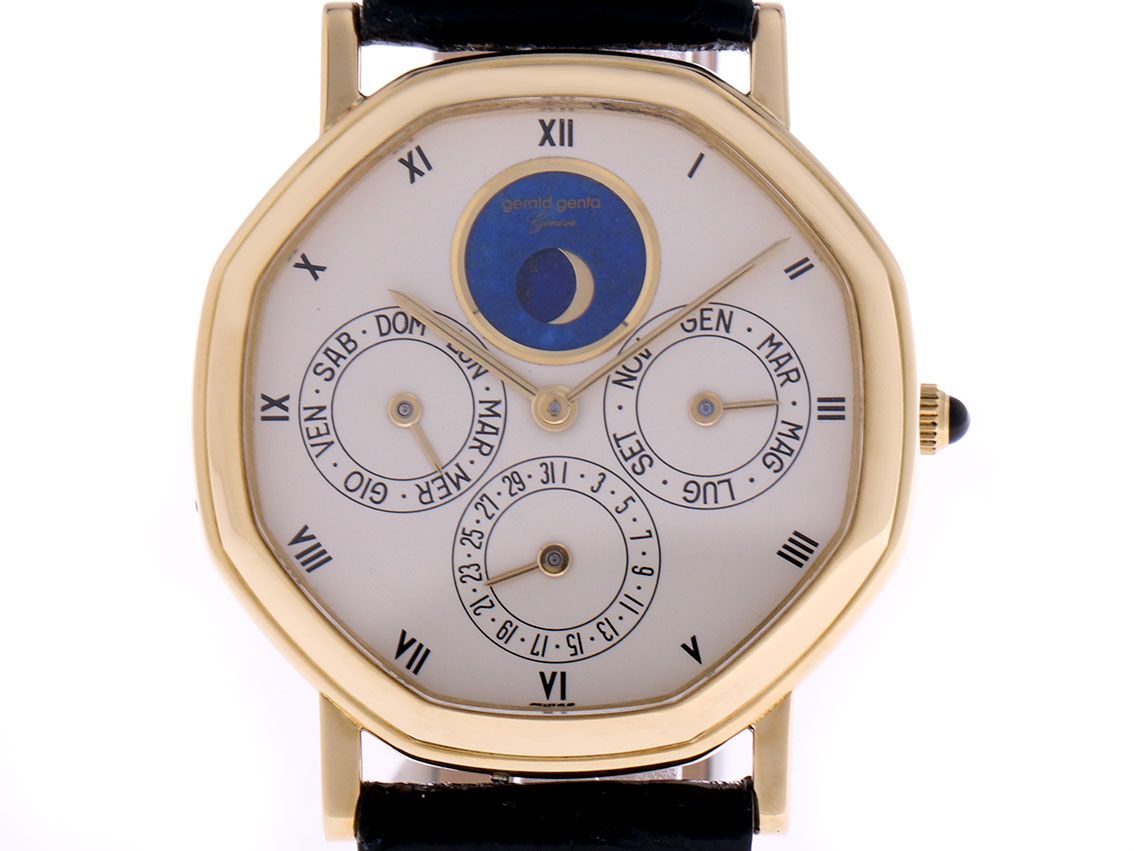 Gerald Genta Jahreskalender mit Mondphase 18kt Gelbgold Automatik 35mm Vintage Bj.1985 wie Neu mit Zertifikat über 17.000,-€