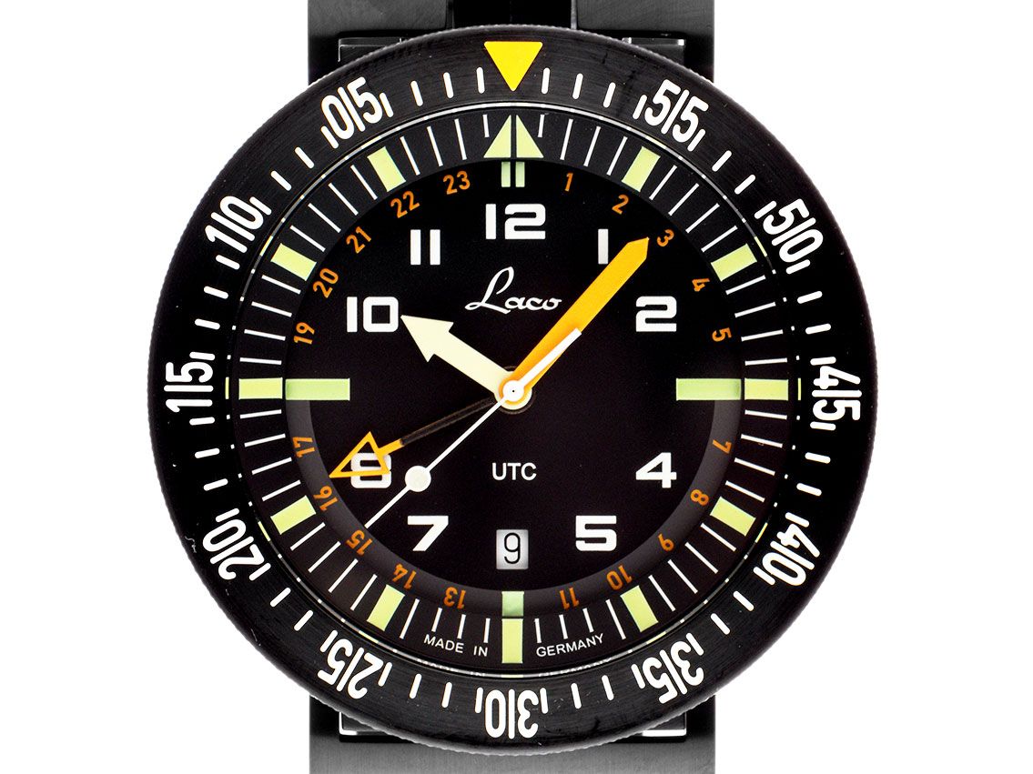 Laco Atacama Quarz UTC Einsatzuhr Stahl PVD Black Armband Kautschuk 46mm Ref.862163 Box&Pap. Full Set Neu
