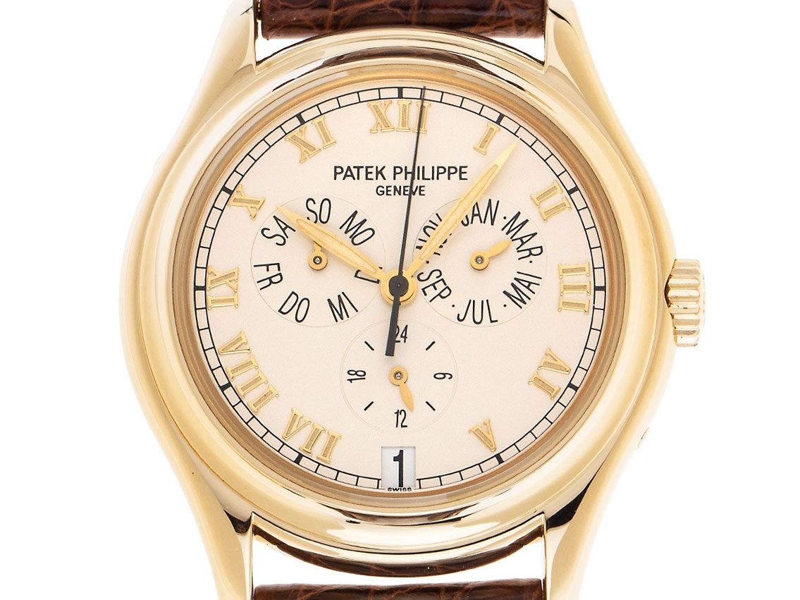 Patek Philippe Annual Jahreskalender 18kt Gelbgold Automatik Armband Leder 37mm Ref.5035J-013 Vintage Bj.1998 Box&Pap. Full Set wie Neu