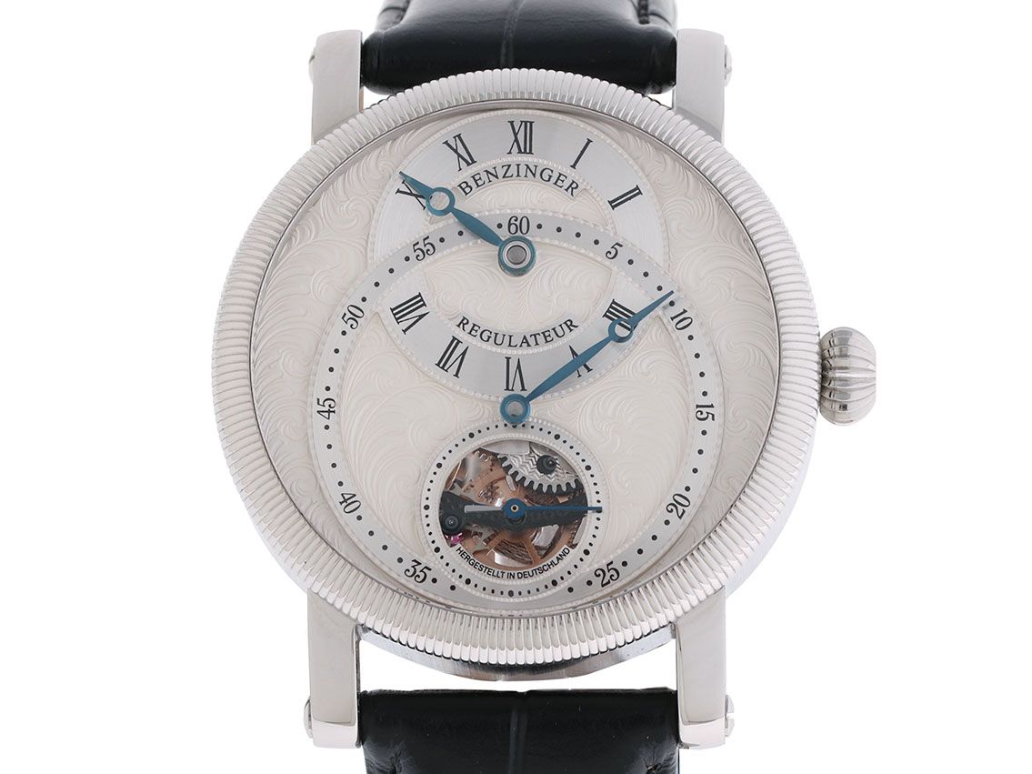 Benzinger Silver Leaf Regulateur Stahl Handaufzug Lederband 42mm Unikat Ungetragen