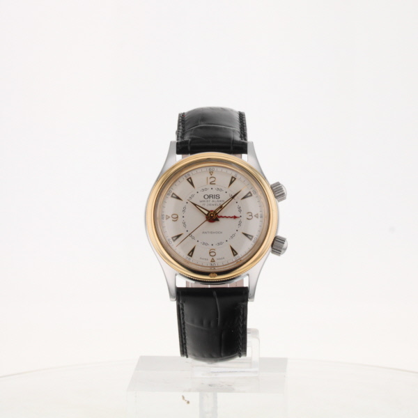 Oris Wecker Stahl Gelbgold Handaufzug Armband Leder 34mm Limitiert